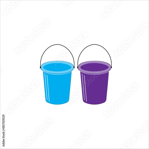 Colorful plastic buckets with handles isolated on white background, household containers for cleaning, water storage, and daily utility use.