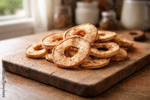 Pile Of Dried Apple Rings Sprinkled With Cinnamon On Rustic Wooden Cutting Board