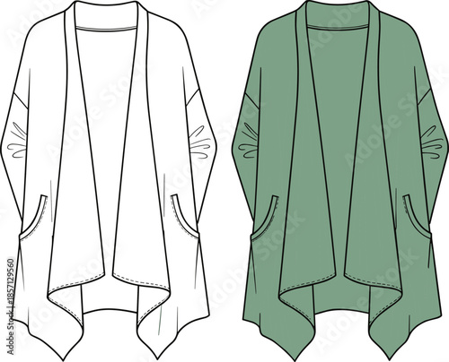 Oversized Draped Cardigan Technical Fashion Flat Sketch Vector Illustration Template for Garment Design, Open-Front Knitwear CAD Mockup.