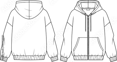 Oversized Zip-up Hoodie Technical Fashion Flat Sketch, CAD Mockup Template, Front and Back View, Unisex Streetwear Apparel Vector Illustration, Drop Shoulder Style.