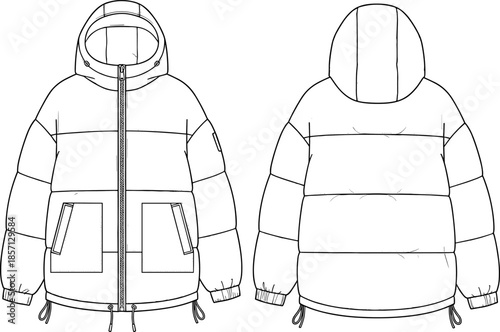 Oversized puffer jacket fashion flat sketch template, technical drawing with horizontal quilting, hood, patch pockets, adjustable hem, and zip closure, 