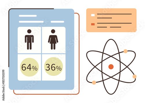 Gender data infographic with male and female distribution percentages, atomic structure diagram, and visual interface. Ideal for analytics, diversity, science, education, statistics, data trends