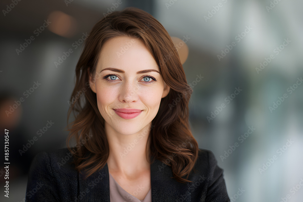 Fototapeta premium corporate headshot of business consultant in professional office setting, with friendly smile, soft blurred office background