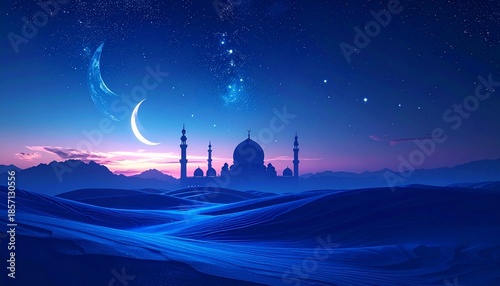 Ethereal desert night with a majestic mosque silhouette, bathed in the soft glow of a crescent moon and a cosmic tapestry of twinkling stars, evoking peace and spiritual wonder