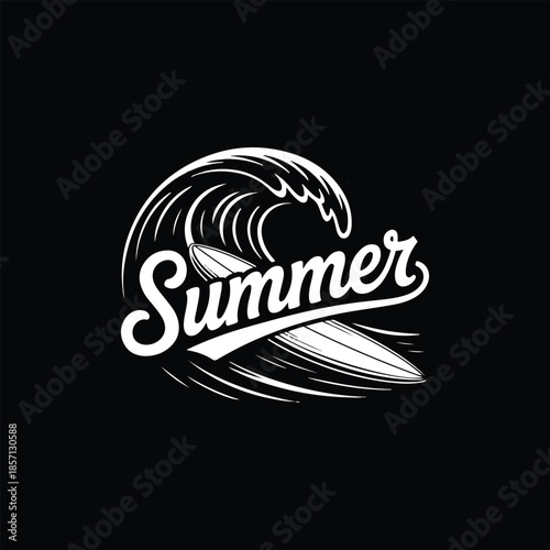 A striking black and white illustration features a wave cresting over the word summer