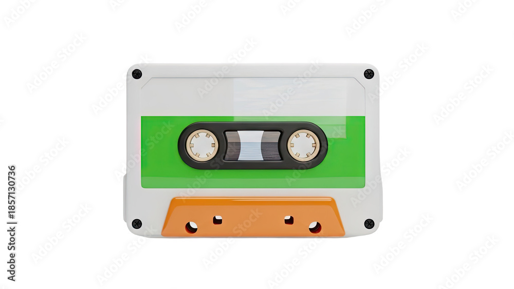 Fototapeta premium Retro cassette tape with green and orange details on transparent background