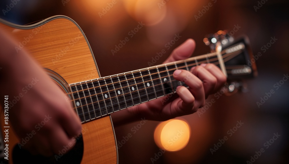 Naklejka premium Hands playing acoustic guitar with warm cinematic bokeh background