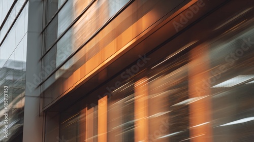 Cityscape Motion Blur at Sunset with Modern Glass Building Reflection.