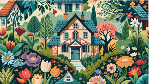 Whimsical cottage surrounded by lush garden