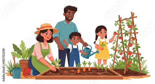 family of four enjoying a gardening activity together in a vibrant vegetable garden setting during