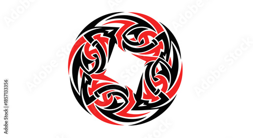 Intricate tribal circular design featuring bold black and red patterns emphasizing symmetry and