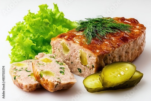 Baked meatloaf partially sliced showing herbs and pale inclusions Dill sprigs lettuce leaves and cucumber pickles on