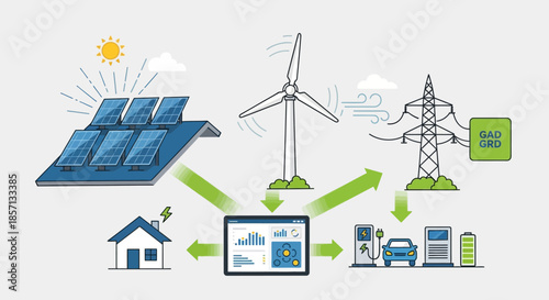 solar panel and wind turbine generating clean renewable energy with smart home and charging station