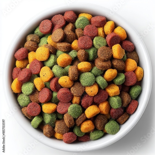 Overhead view of a white bowl filled with colorful dry pet food kibble pieces on a clean white background