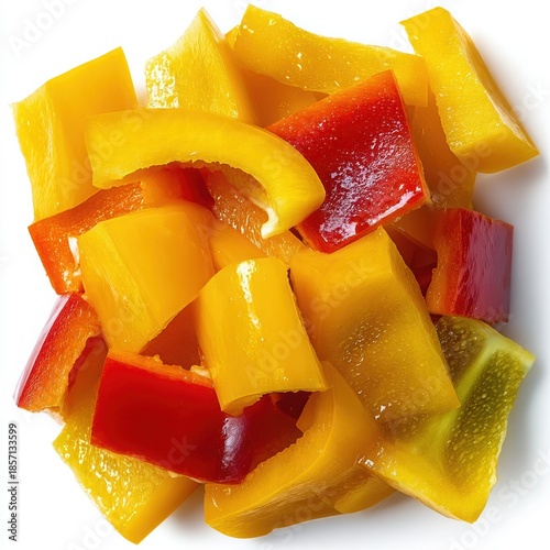 Brightly colored yellow and red diced bell peppers scattered on a clean white surface seen from an overhead perspective