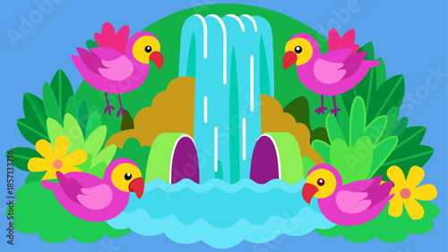 Colorful birds by a tropical waterfall