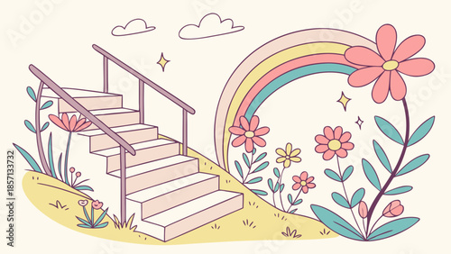 Whimsical staircase with rainbow and flowers