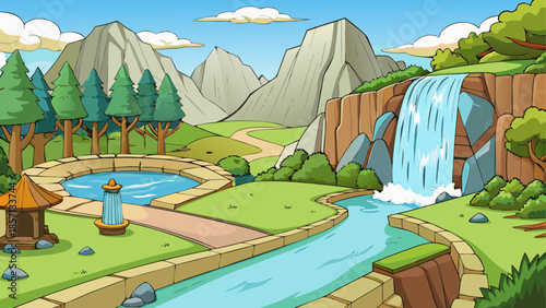 Serene mountain landscape with waterfall