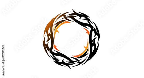 Intricate circular tribal tattoo design with sharp stylized patterns and a dynamic appearance