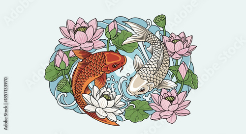 Serene and elegant koi fish swimming amidst lush lotus flowers in a tranquil water setting