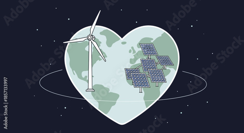 Innovative renewable energy concept combining wind turbines and solar panels within a heart-shaped