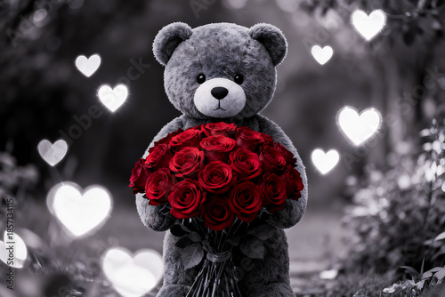 Teddy Bear Holding Large Bouquet of Red Roses with Heart Bokeh Background