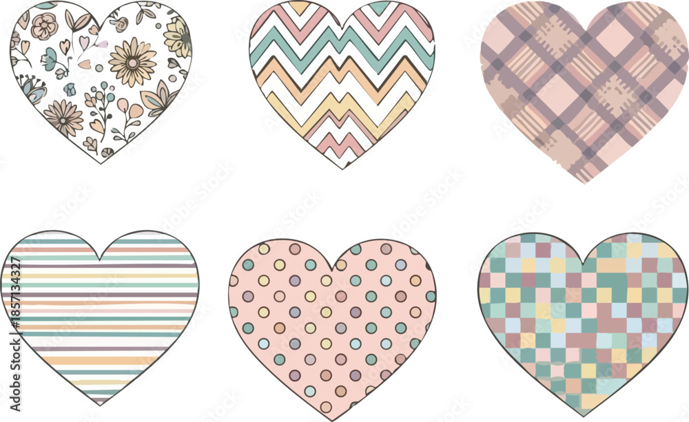 Obraz premium SEO Title: Decorative Patterned Hearts Vector Set with Floral Chevron and Plaid Designs