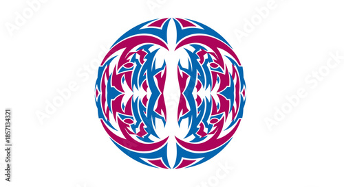 Intricate circular tribal pattern with symmetrical design in vibrant blue and magenta colors