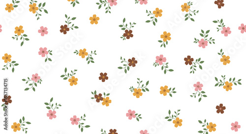 Seamless ditsy floral pattern featuring small yellow pink and brown flowers with green leaves for vintage textile stationary and feminine wallpaper design.