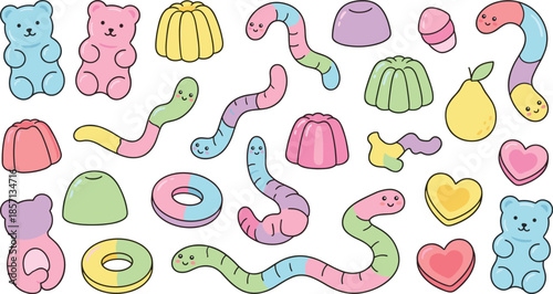 Cartoon gummy candy vector illustration, colorful sweets, smiling worms, jelly shapes, playful design, kids treats, candy pattern