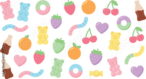 Colorful candy and fruit vector illustration, gummy bears, heart sweets, cola bottles, playful design, confectionery pattern, kids treats