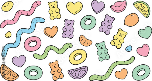 Colorful gummy candy vector illustration, fruit slices, hearts, rings, playful sweets, childhood treats, vibrant design, confectionery pattern