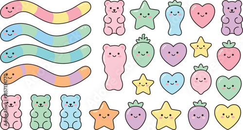 Cartoon gummy and fruit character vector, smiling candy shapes, colorful sweets, playful design, kids treats, cheerful candy pattern