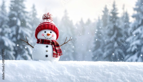 Adorable snowman in a red hat and scarf smiles against a snowy forest backdrop