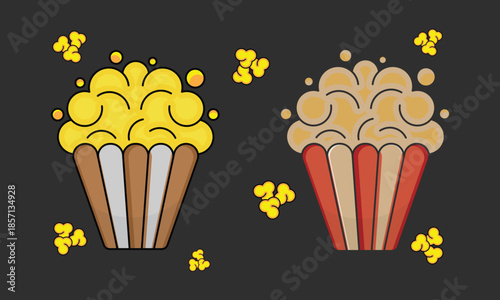 Cartoon Popcorn Bucket Icon Set – Colorful Cinema Snack Illustration on Dark Background