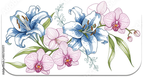 Elegant floral vector illustration featuring blue spotted lilies and pink orchids with green leaves for wedding invitations luxury branding and spring greeting card design.