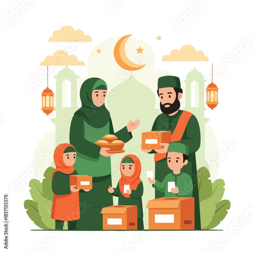 Flat vector of a Muslim family distributing food boxes and charity during Ramadan. Moon, lanterns, mosque background. Ideal for Islamic giving, community aid, or Eid content.