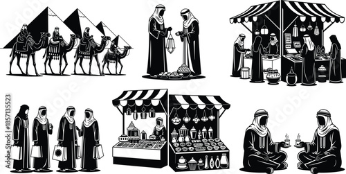 Black and white illustrations of Arab people with camels at pyramids and traditional markets for Middle Eastern culture and travel