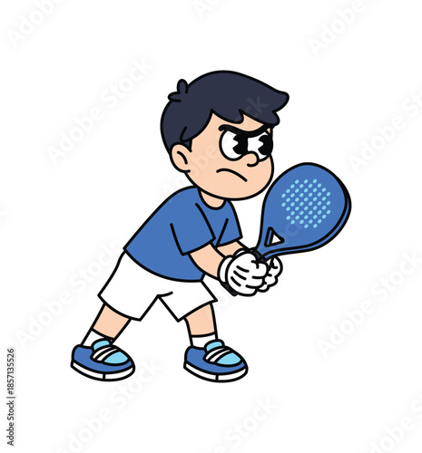 A cartoon illustration of a young boy in athletic wear, holding a padel racket and appearing determined to play. Padel Paddle Tennis Retro Mascot Characters.