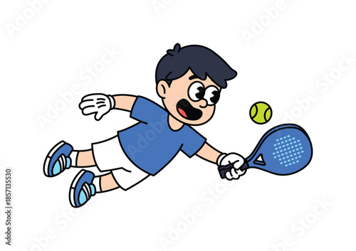 A cartoon illustration of a young boy in mid-air, reaching to hit a padel padel ball with his racket. Padel Paddle Tennis Retro Mascot Characters.