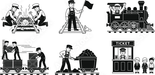 Black and white illustrations of historical railway workers steam engines and train stations for transport industry and vintage logistics concepts