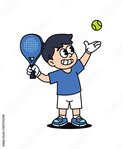 A cheerful cartoon boy in a blue shirt and white shorts is about to serve a padel ball, holding a blue racket. Padel Paddle Tennis Retro Mascot Characters.