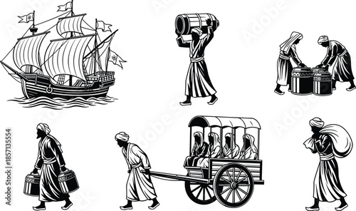 Black and white illustrations of historical sailing ships merchants carrying goods and traditional horse carriage drawn for maritime trade and history