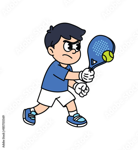 A cartoon illustration of a young boy playing padel, showing determination and focus as he hits the ball. Padel Paddle Tennis Retro Mascot Characters.