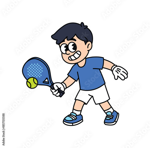 A cheerful cartoon boy in a blue shirt and white shorts is actively playing padel, holding a racket and a ball. Padel Paddle Tennis Retro Mascot Characters.