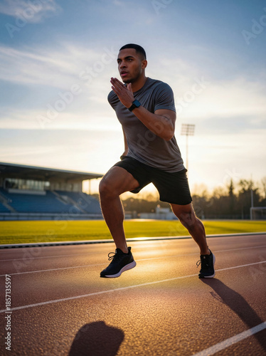 Male athlete running on a stadium track