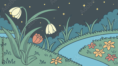 Nighttime garden scene with flowers