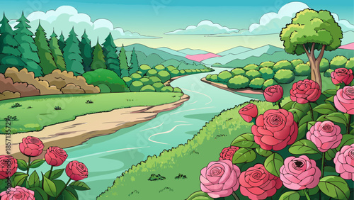 Serene river valley with blooming roses