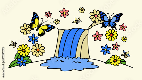Vibrant waterfall surrounded by butterflies and flowers