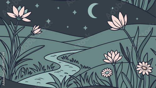 Nighttime meadow under moonlight